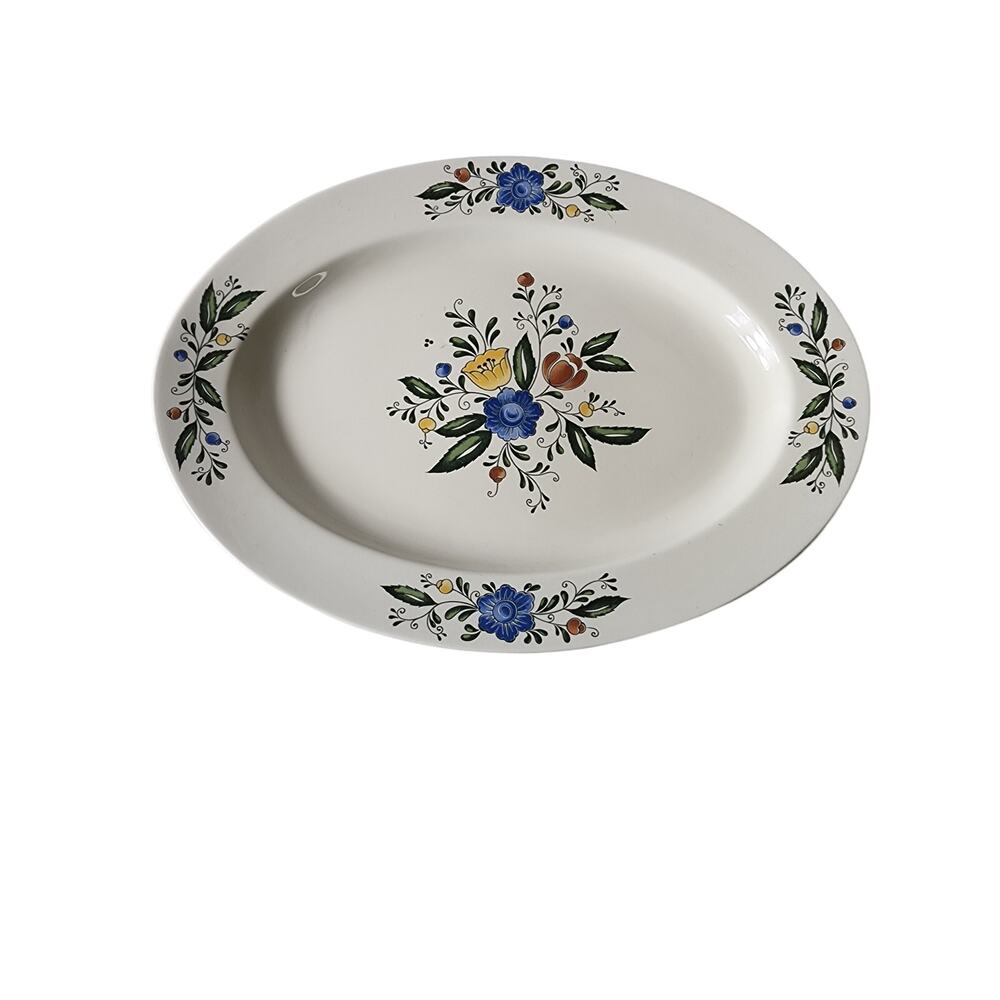 Vintage ASTA Japan Aszi Porcelain Oval Serving Platter Blue Yellow Floral 14"